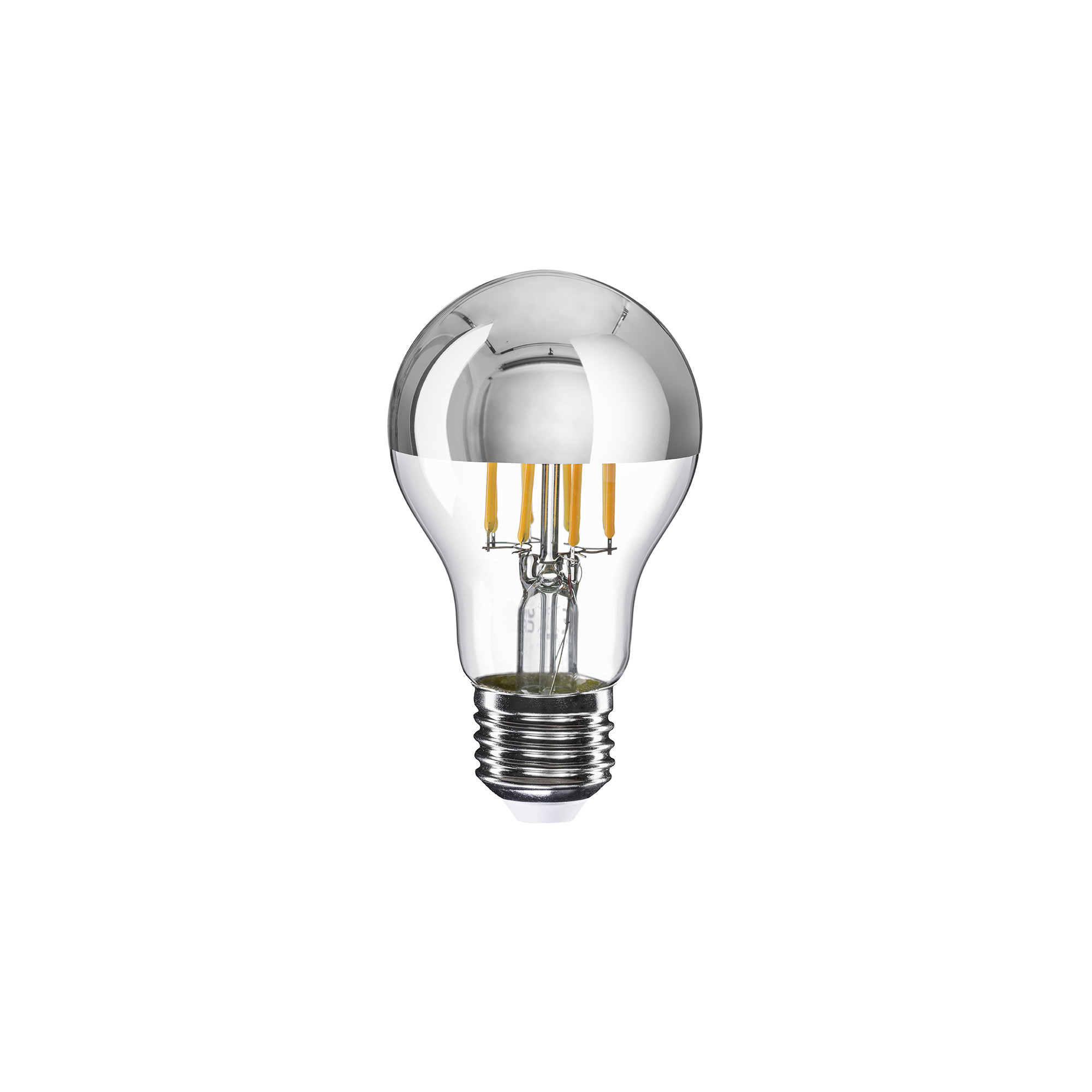 A02 - Lampadina LED A60, E27, 7W, 2700K, 650Lm, vetro trasparente con mezza sfera argento