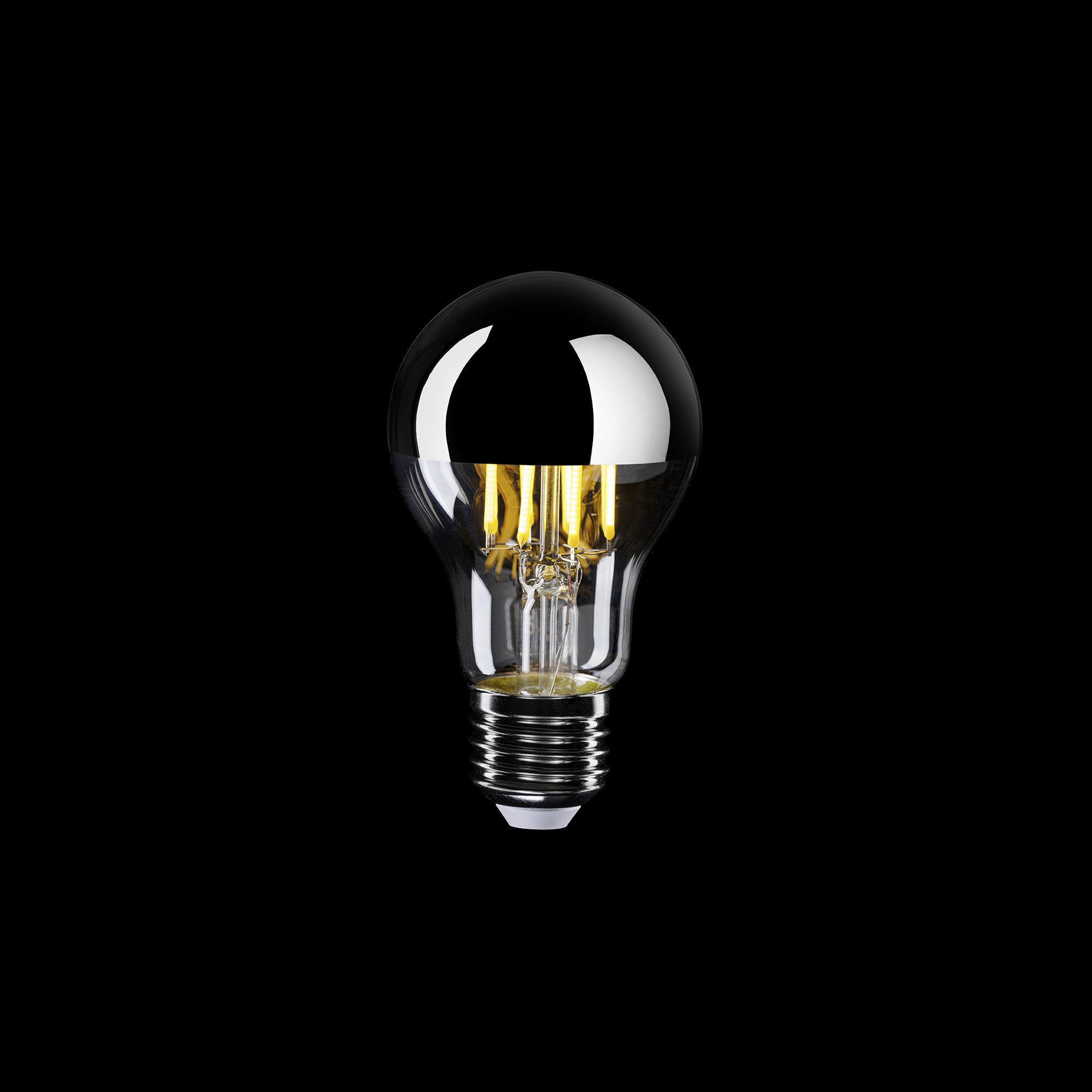 A02 - Ampoule LED A60, E27, 7W, 2700K, 650Lm, verre transparent avec demi-sphère argent