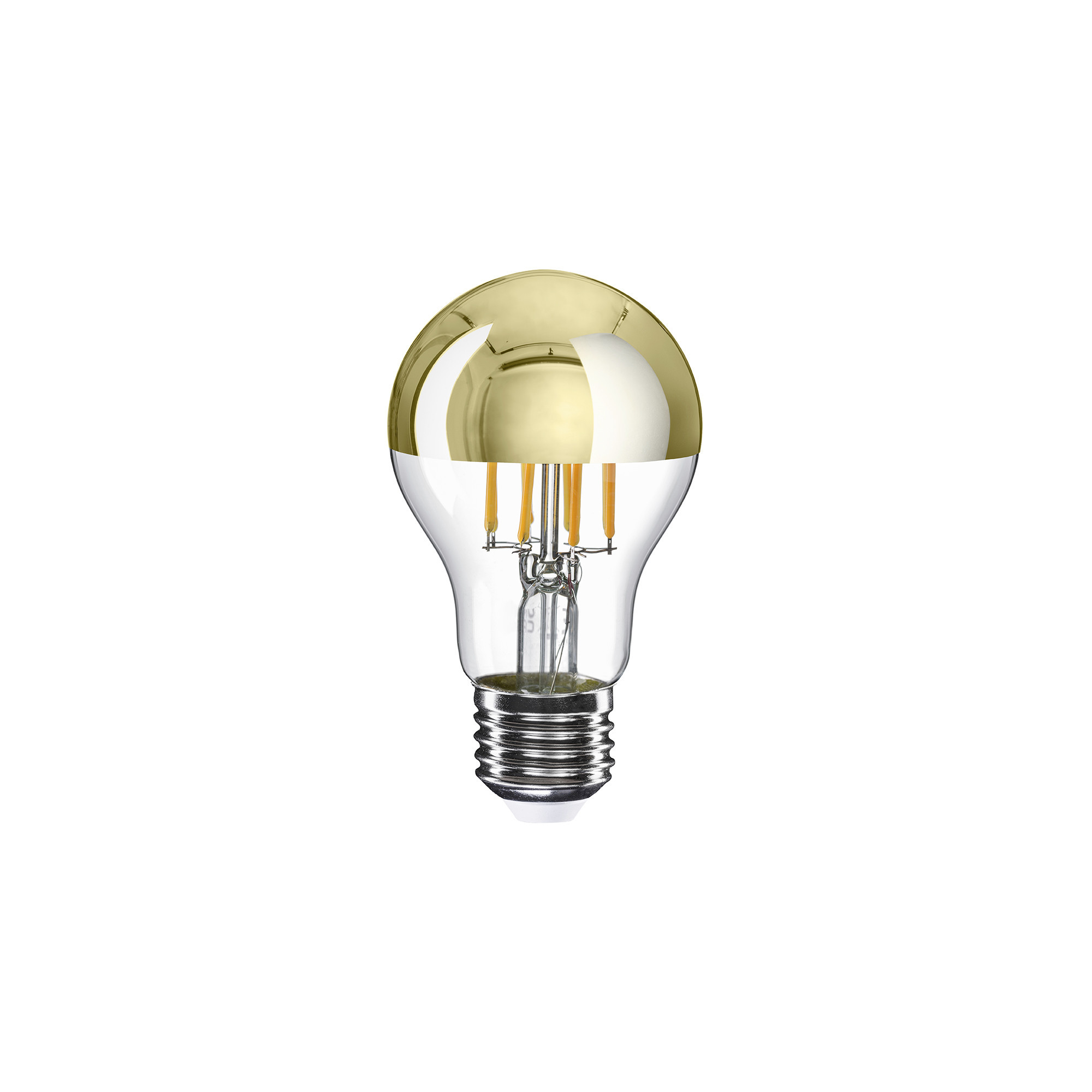 A12 - Lampadina LED A60, E27, 7W, 2700K, 650Lm, vetro trasparente con mezza sfera oro