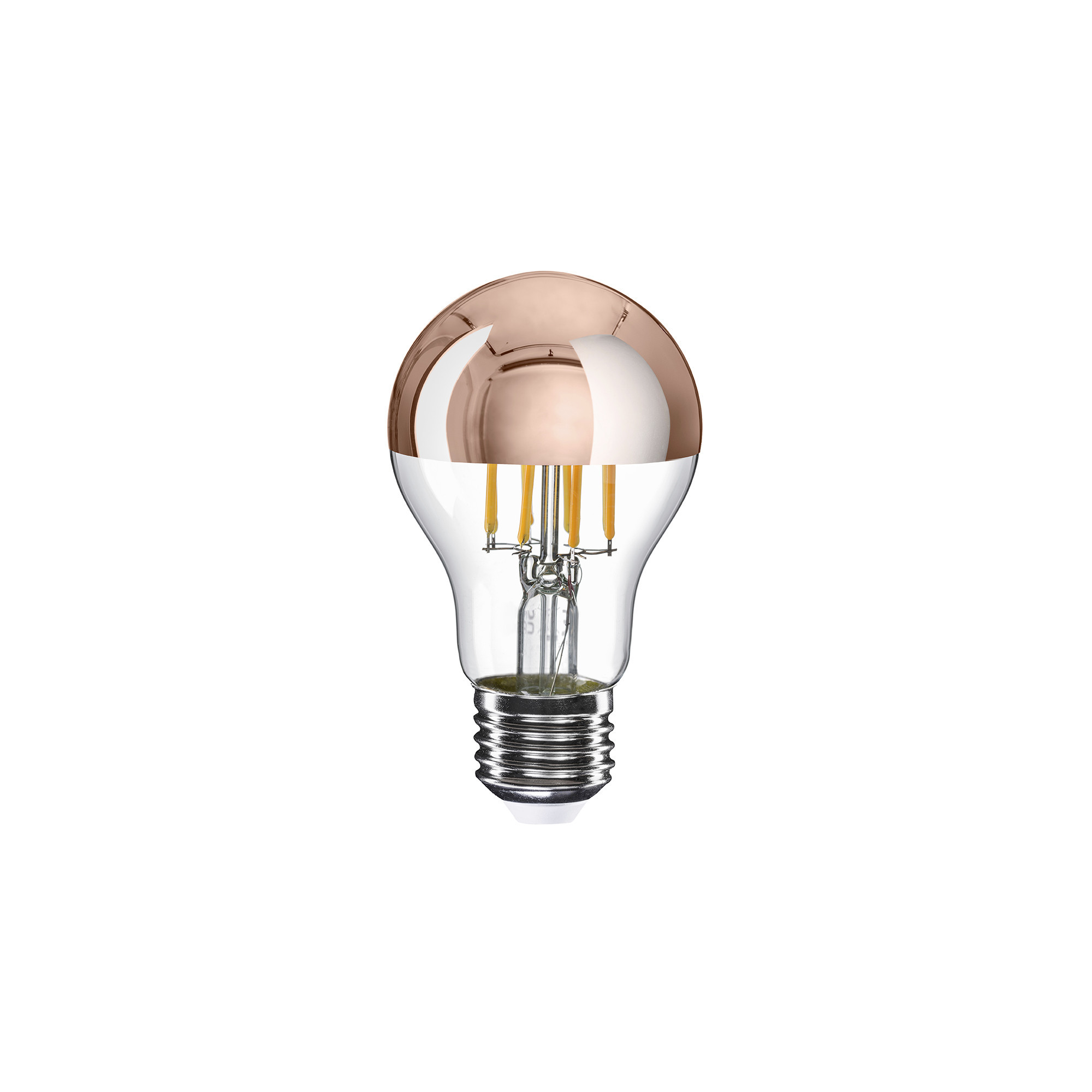 A22 - Lampadina LED A60, E27, 7W, 2700K, 650Lm, vetro trasparente con mezza sfera rame