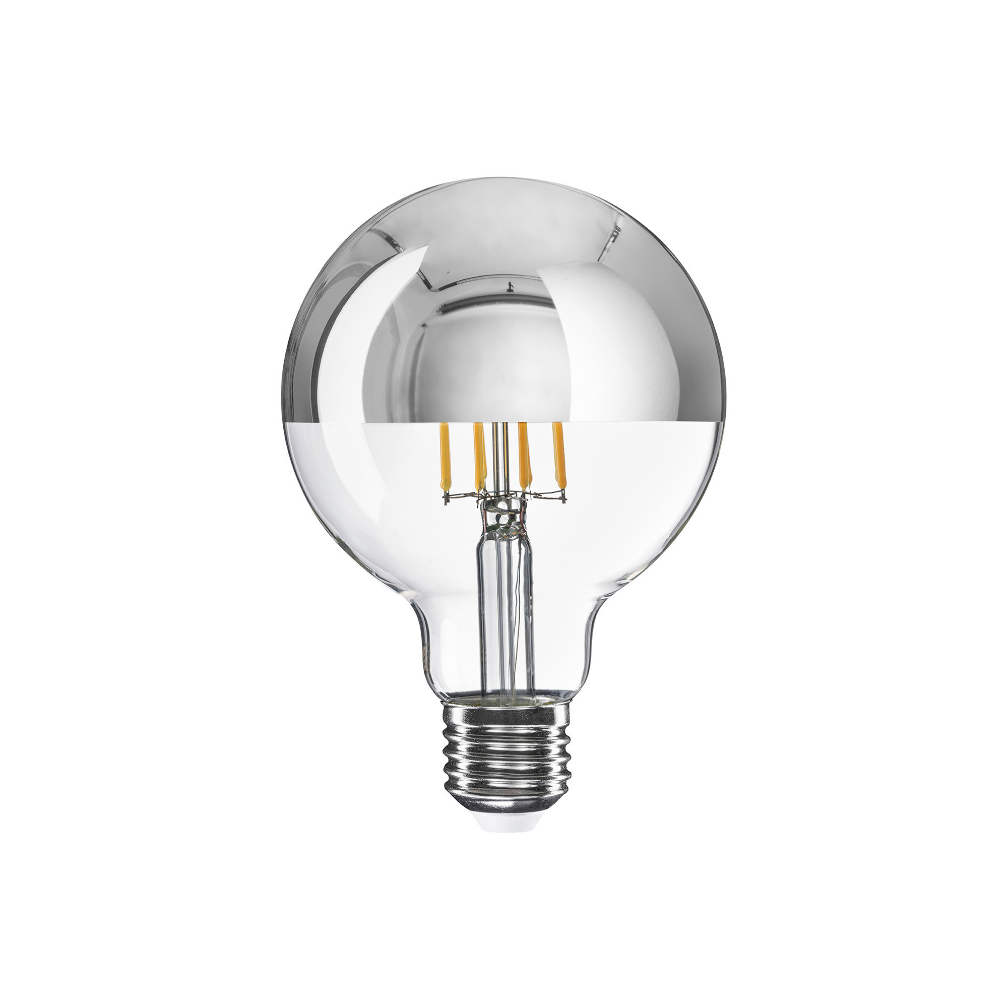 A04 - Lampadina LED G95, E27, 7W, 2700K, 650Lm, vetro trasparente con mezza sfera argento