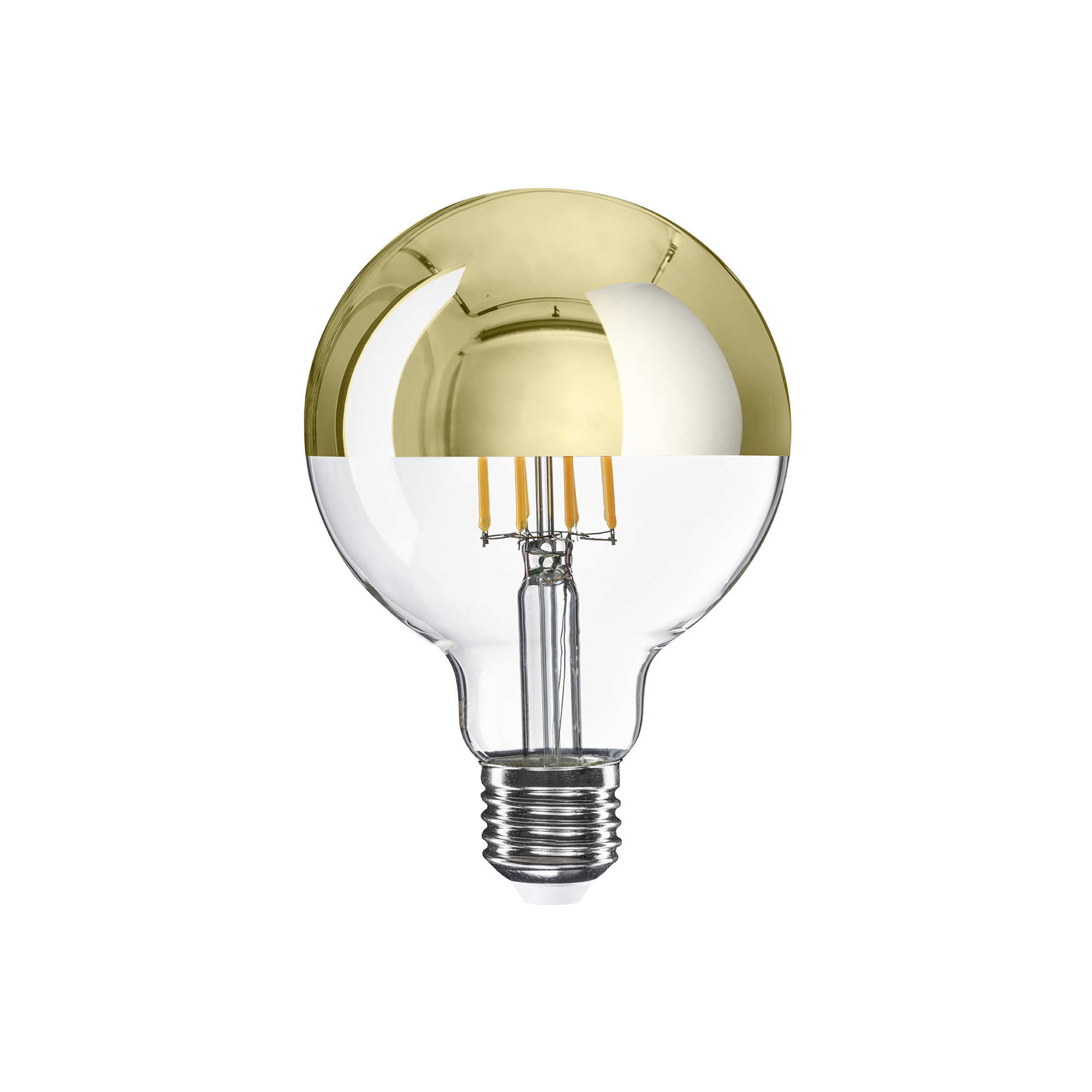 A14 - Lampadina LED G95, E27, 7W, 2700K, 650Lm, vetro trasparente con mezza sfera oro