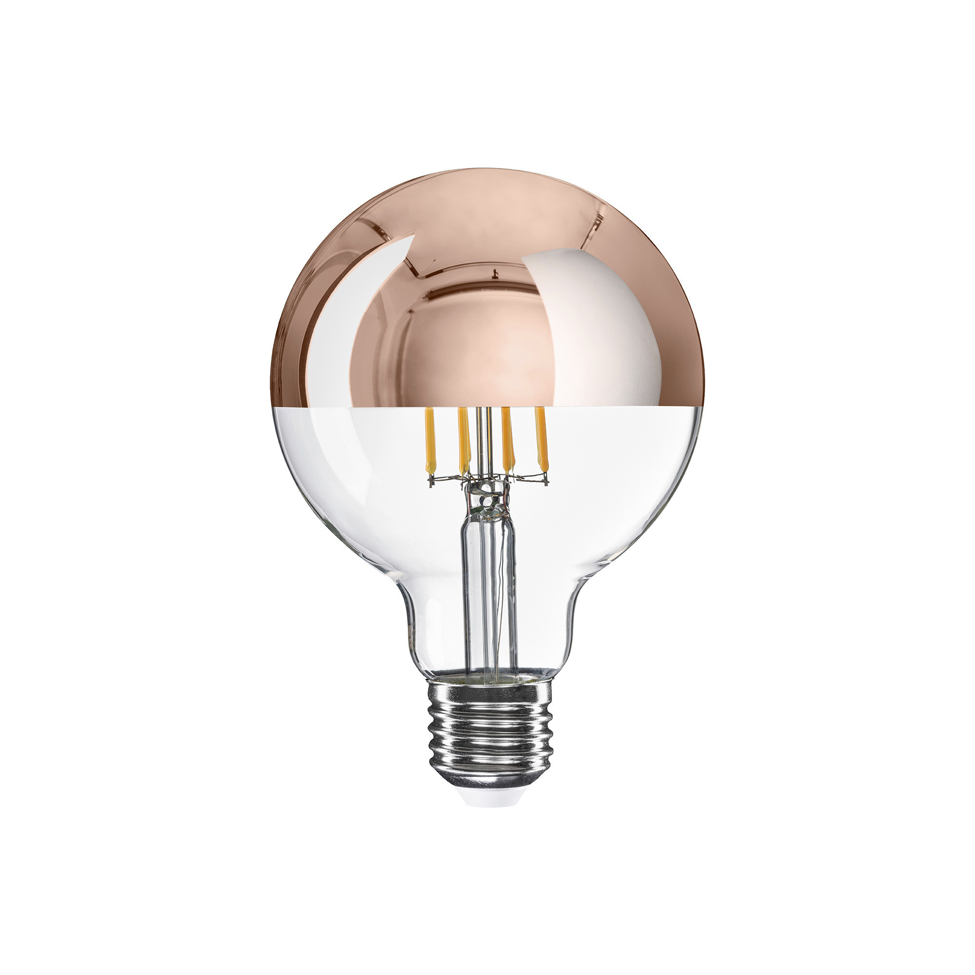 A24 - Lampadina LED G95, E27, 7W, 2700K, 650Lm, vetro trasparente con mezza sfera rame