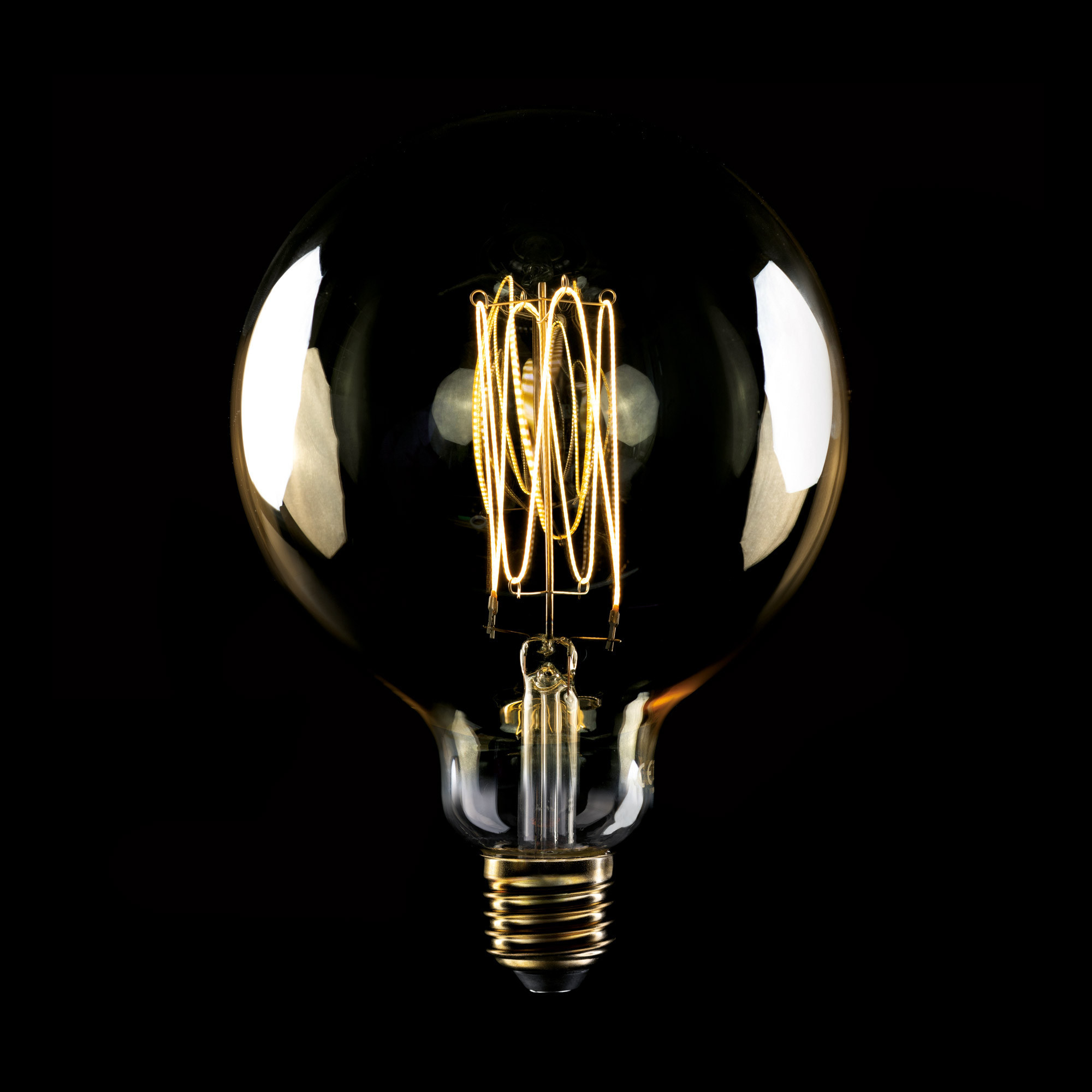 C56 - LED Glühbirne G125, E27, 7W, 2700K, 640Lm, mit dünnem vertikalem Filament, goldfarben Glas